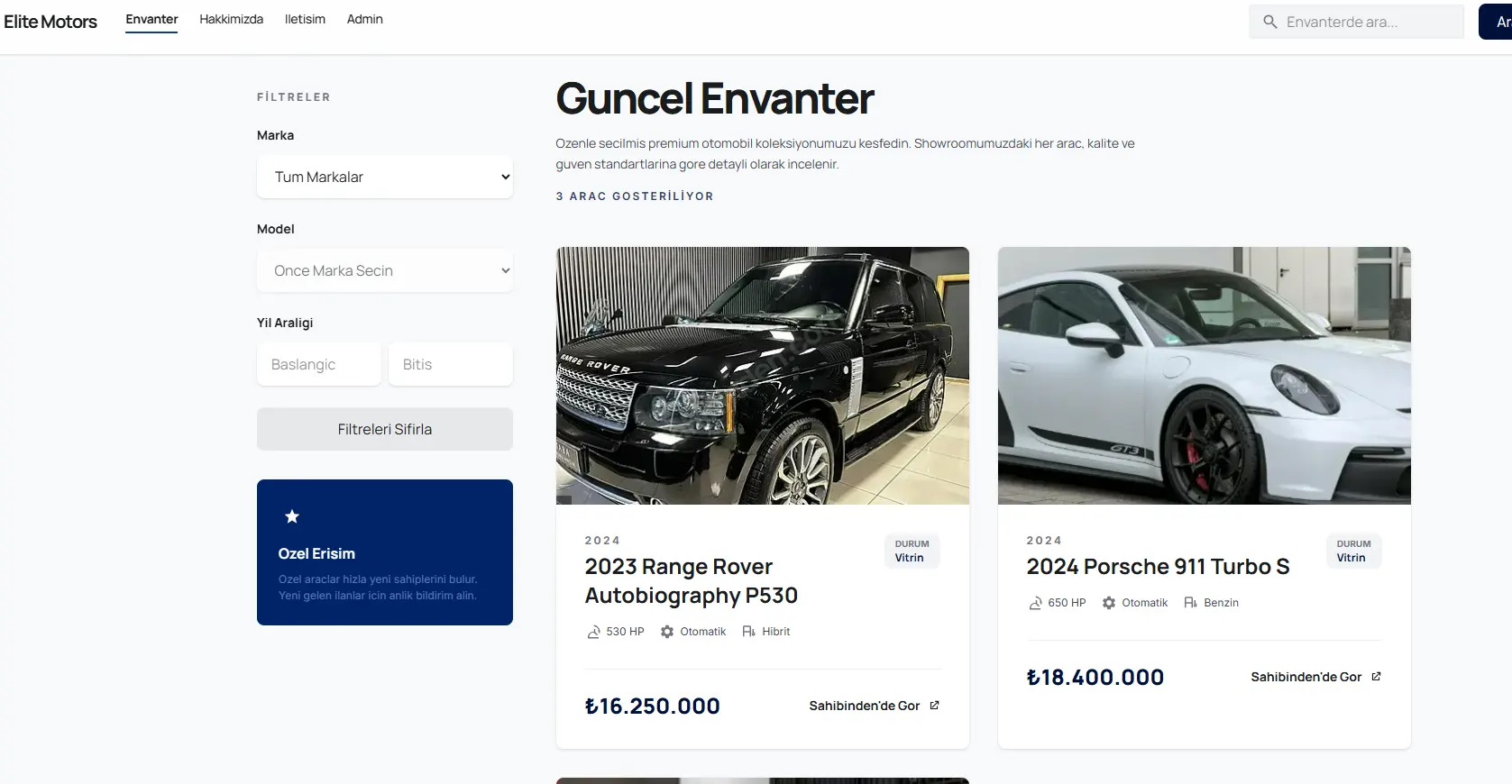 Elite Motors web sitesi ekran görüntüsü